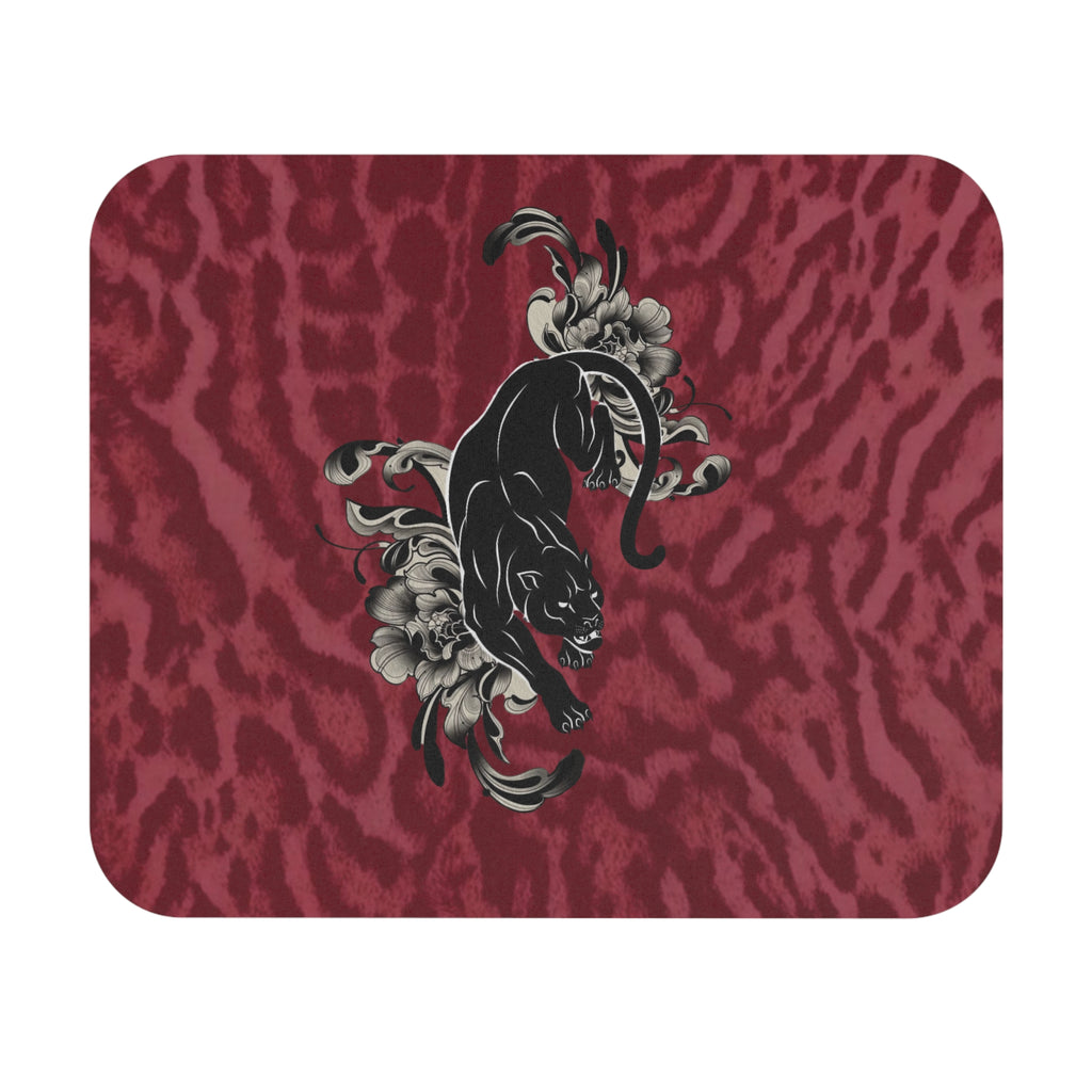 Black Panther Floral Rectangle Mouse Pad — Burgundy Leopard Print Desk Mat
