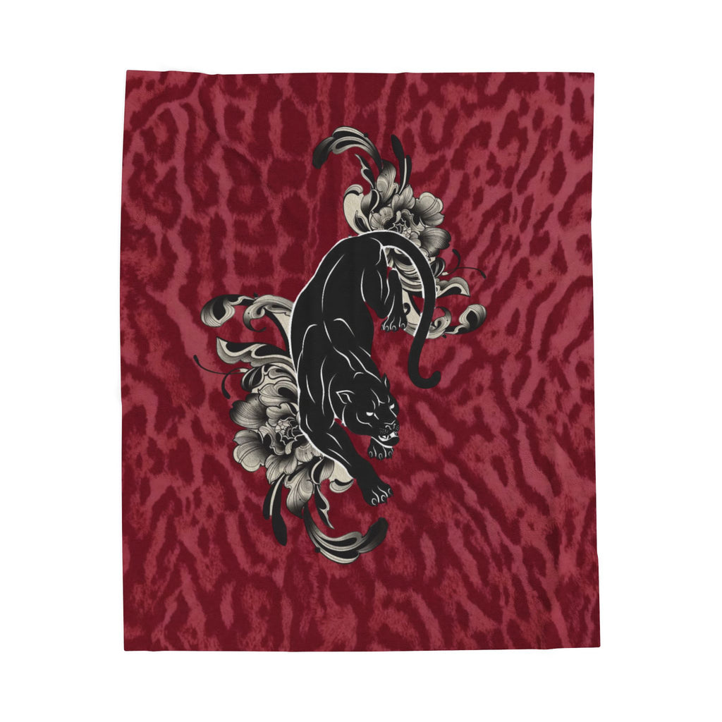 Panther Velveteen Plush Blanket — Luxe Red Leopard Print with Black Panther & Floral Motif