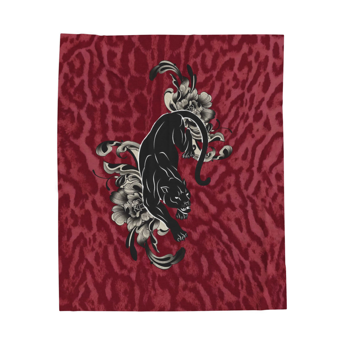 Panther Velveteen Plush Blanket — Luxe Red Leopard Print with Black Panther & Floral Motif