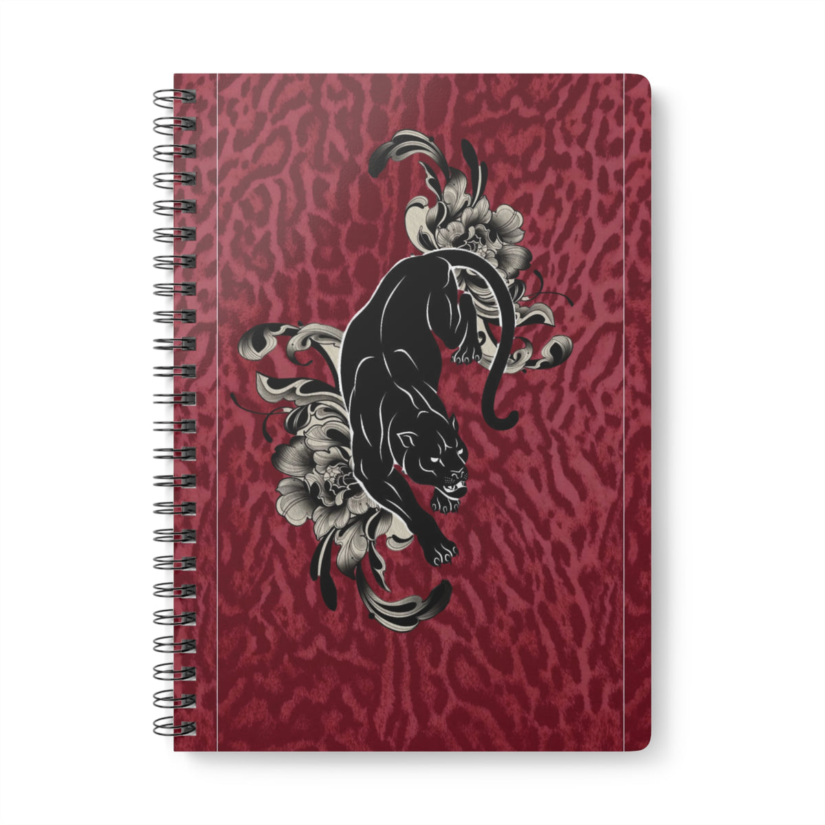 Panther Floral A5 Wirobound Notebook – Lined Journal with Burgundy Leopard Print