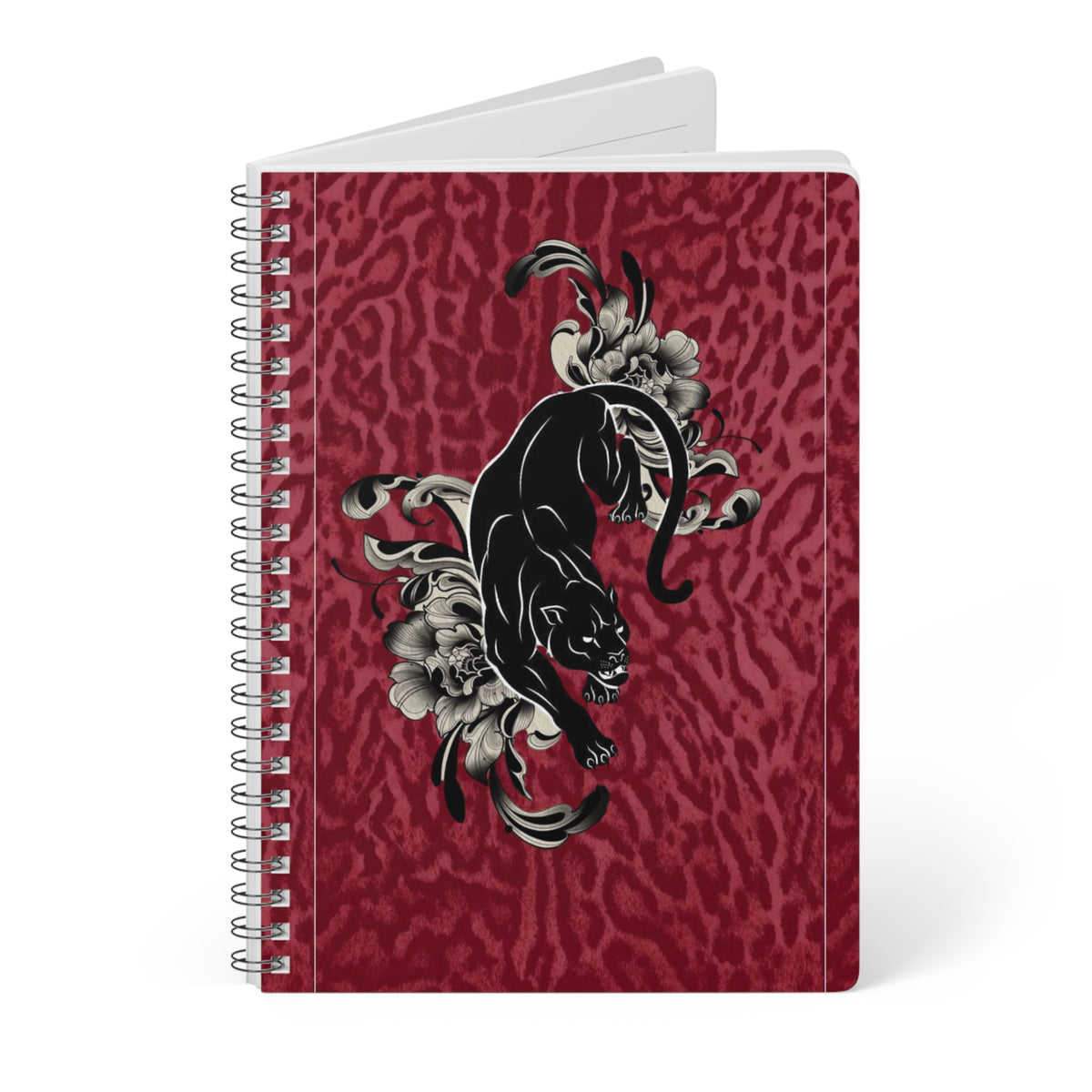 Panther Floral A5 Wirobound Notebook – Lined Journal with Burgundy Leopard Print