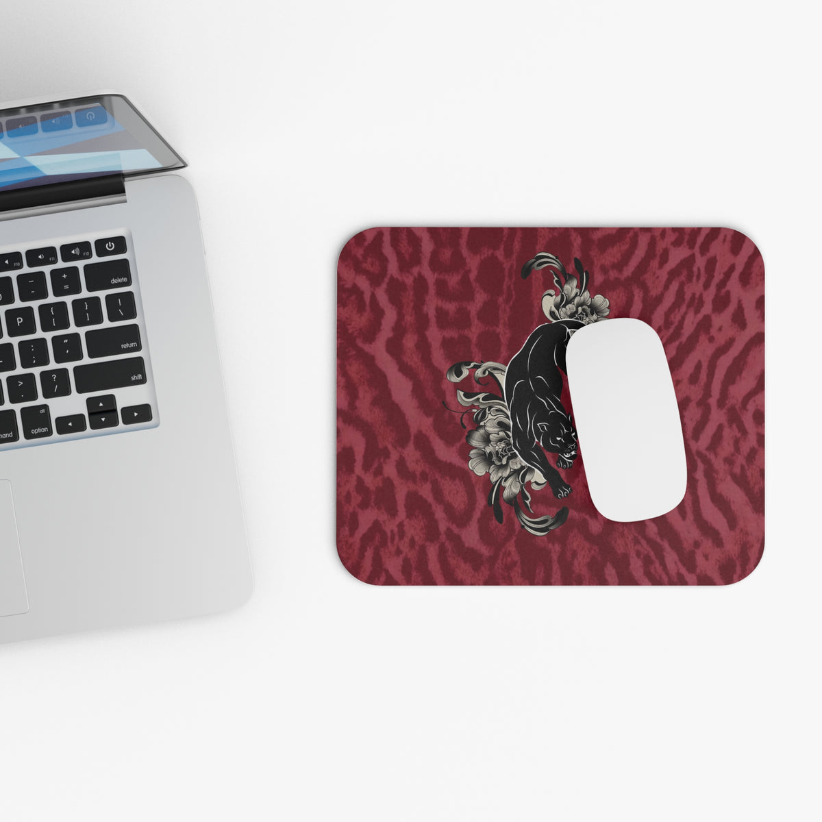 Black Panther Floral Rectangle Mouse Pad — Burgundy Leopard Print Desk Mat