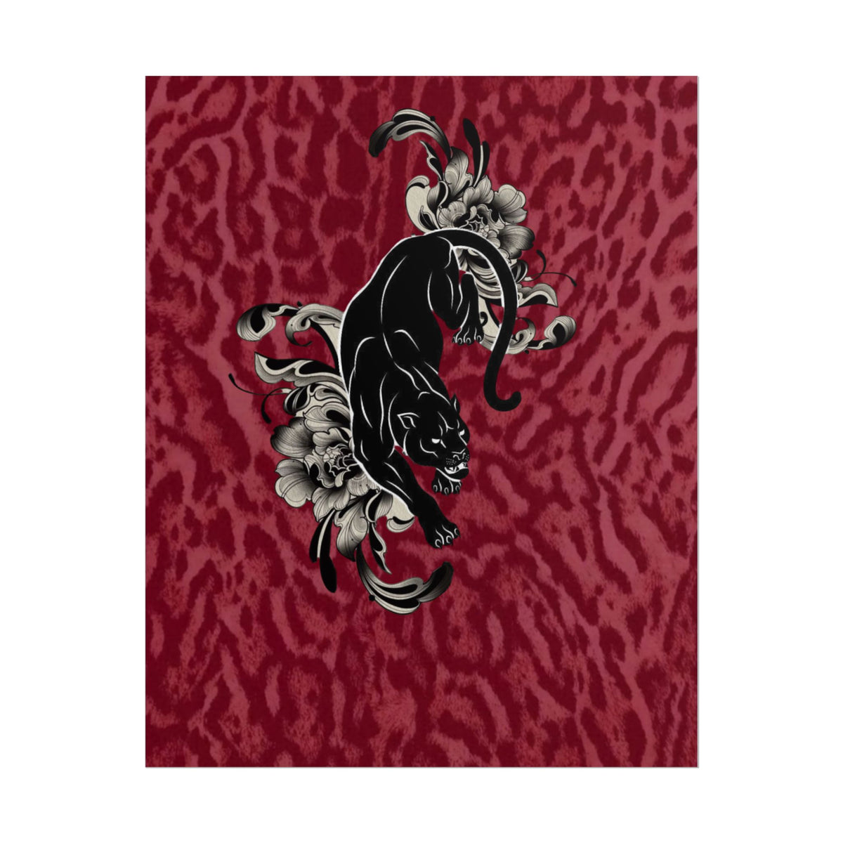 Panther Floral Art Poster — Red Leopard Print Wall Art