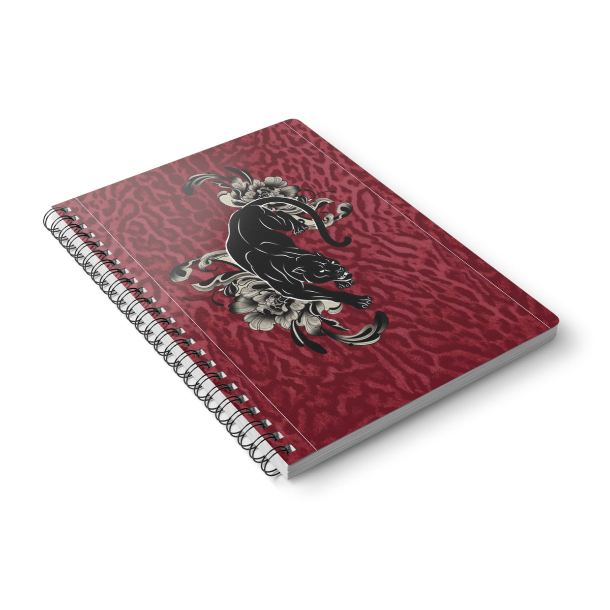 Panther Floral A5 Wirobound Notebook – Lined Journal with Burgundy Leopard Print