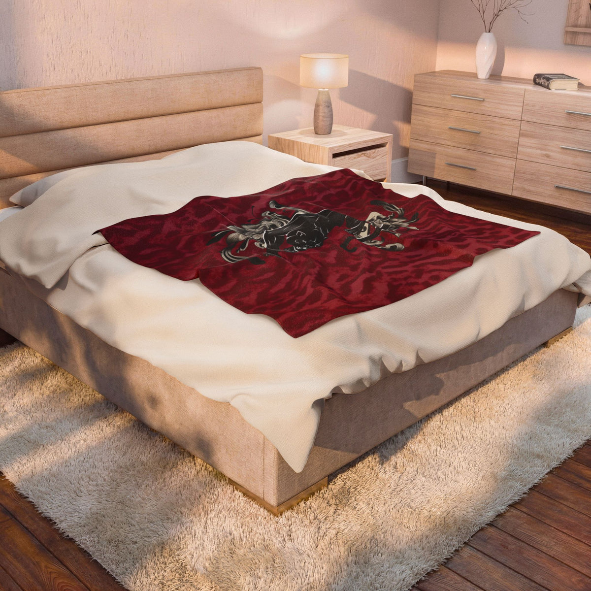 Panther Velveteen Plush Blanket — Luxe Red Leopard Print with Black Panther & Floral Motif