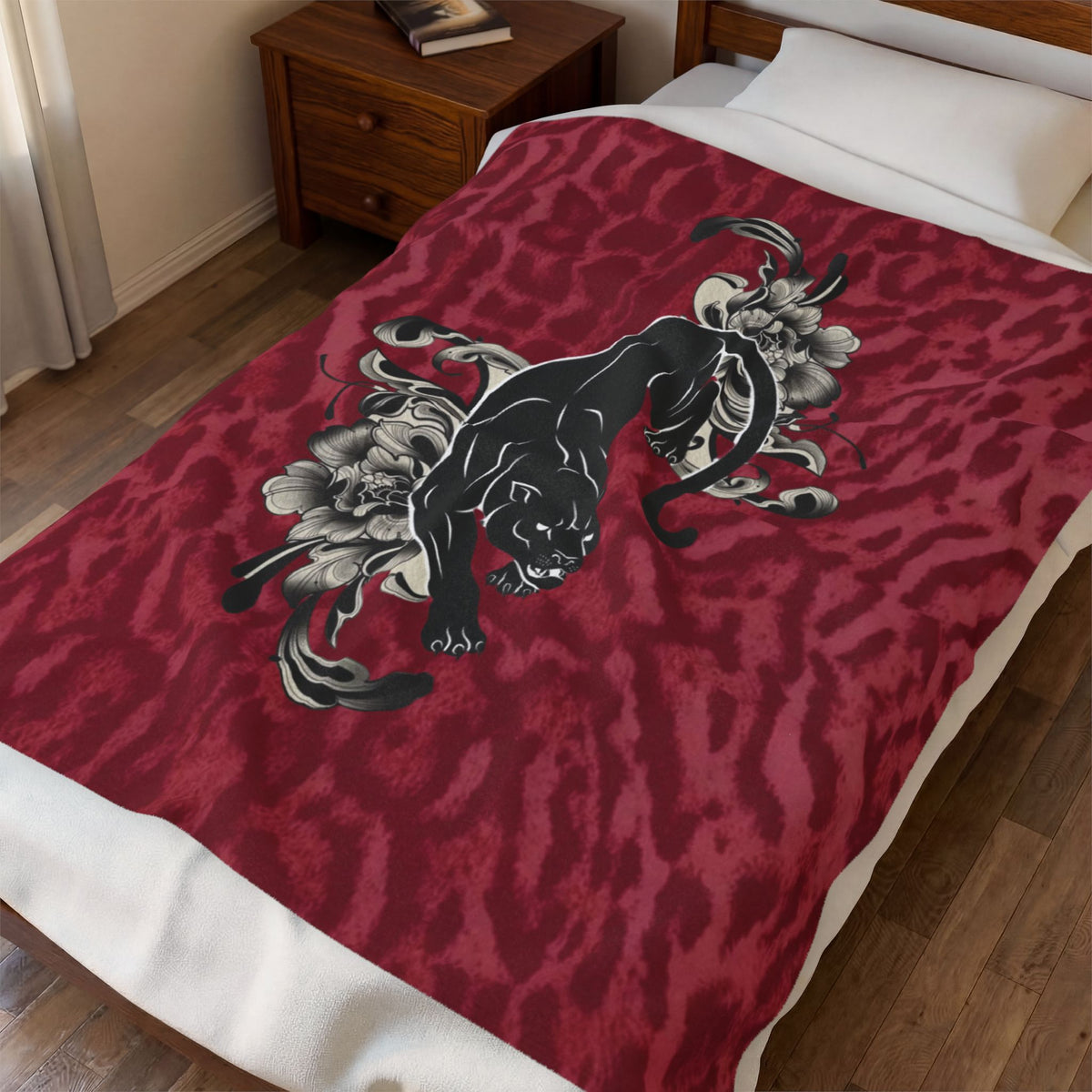 Panther Velveteen Plush Blanket — Luxe Red Leopard Print with Black Panther & Floral Motif