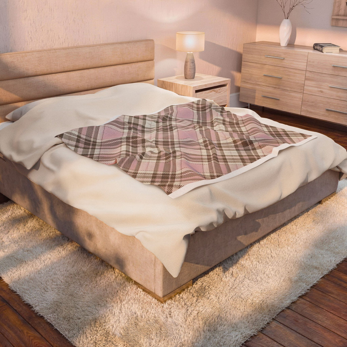 Pink Plaid Velveteen Plush Blanket — Soft Cozy Throw for Nursery, Home & Gifts