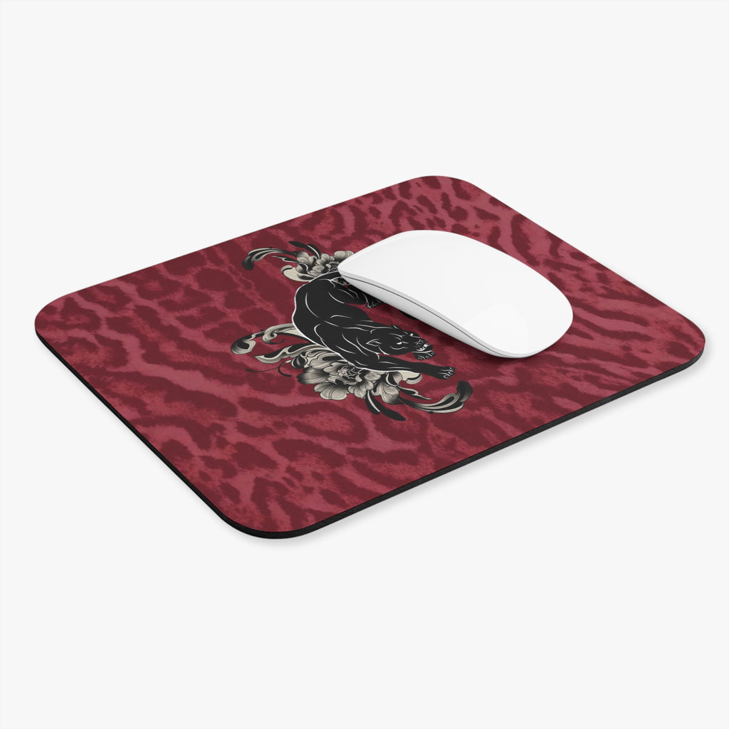Black Panther Floral Rectangle Mouse Pad — Burgundy Leopard Print Desk Mat