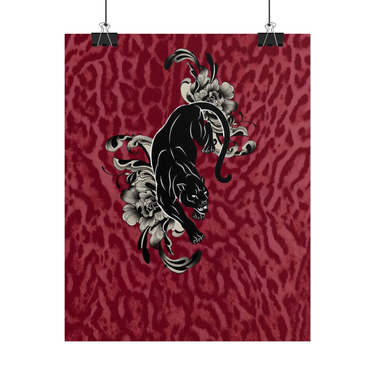 Panther Floral Art Poster — Red Leopard Print Wall Art