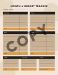 A printable monthly budget tracker template with labeled sections for income, food, bills, expenses, debt, savings, and total, shown on a beige background with a large semi-transparent COPY watermark across the center.
