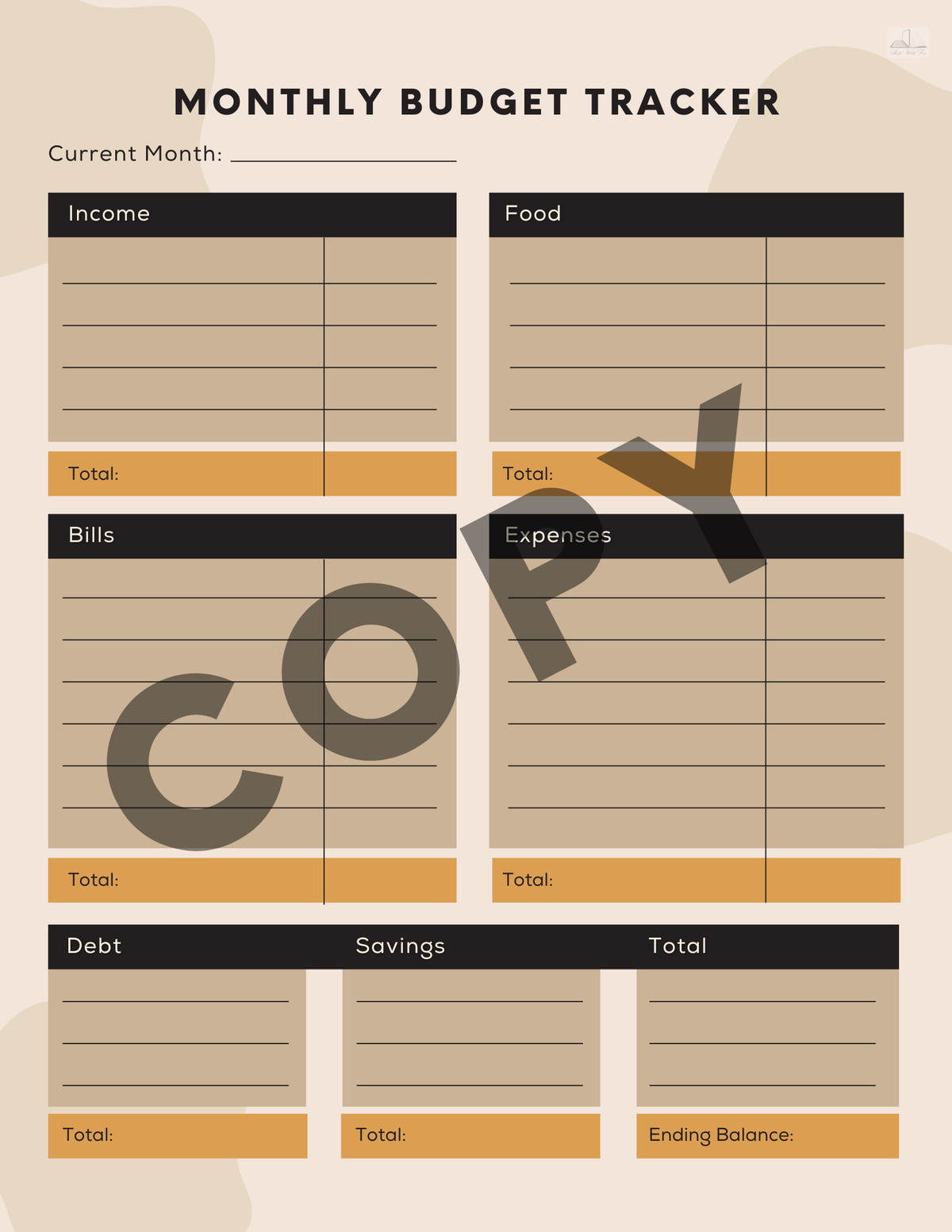 A printable monthly budget tracker template with labeled sections for income, food, bills, expenses, debt, savings, and total, shown on a beige background with a large semi-transparent COPY watermark across the center.