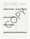 A digital copy of a 'Goal & Habit Planner' template featuring a minimalist design with muted sage green and beige sections on a light cream background, overlaid with a large diagonal 'COPY' watermark.