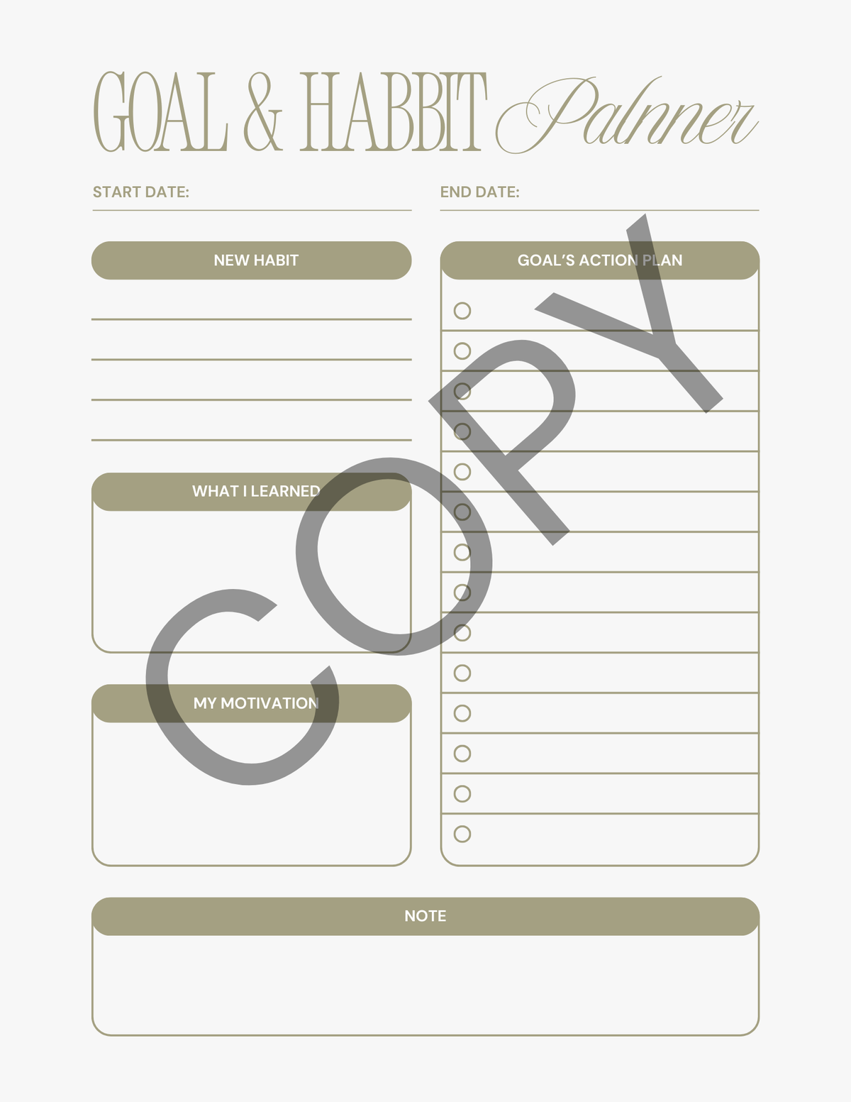 A digital copy of a 'Goal & Habit Planner' template featuring a minimalist design with muted sage green and beige sections on a light cream background, overlaid with a large diagonal 'COPY' watermark.