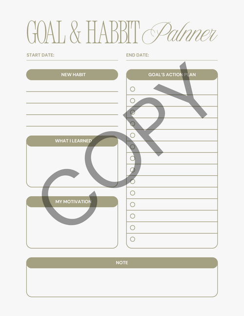 A digital copy of a 'Goal & Habit Planner' template featuring a minimalist design with muted sage green and beige sections on a light cream background, overlaid with a large diagonal 'COPY' watermark.