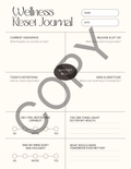 A Wellness Reset Journal printable page with labeled reflection prompts around a central 'MINDSET RESET' circle, including fields for name and date, plus a large diagonal 'COPY' watermark across the page.