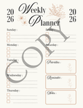 A weekly planner page with columns for Sunday through Thursday and boxes for priorities, reminder, and notes, decorated with delicate floral line drawings. Large diagonal watermark text overlays the page.