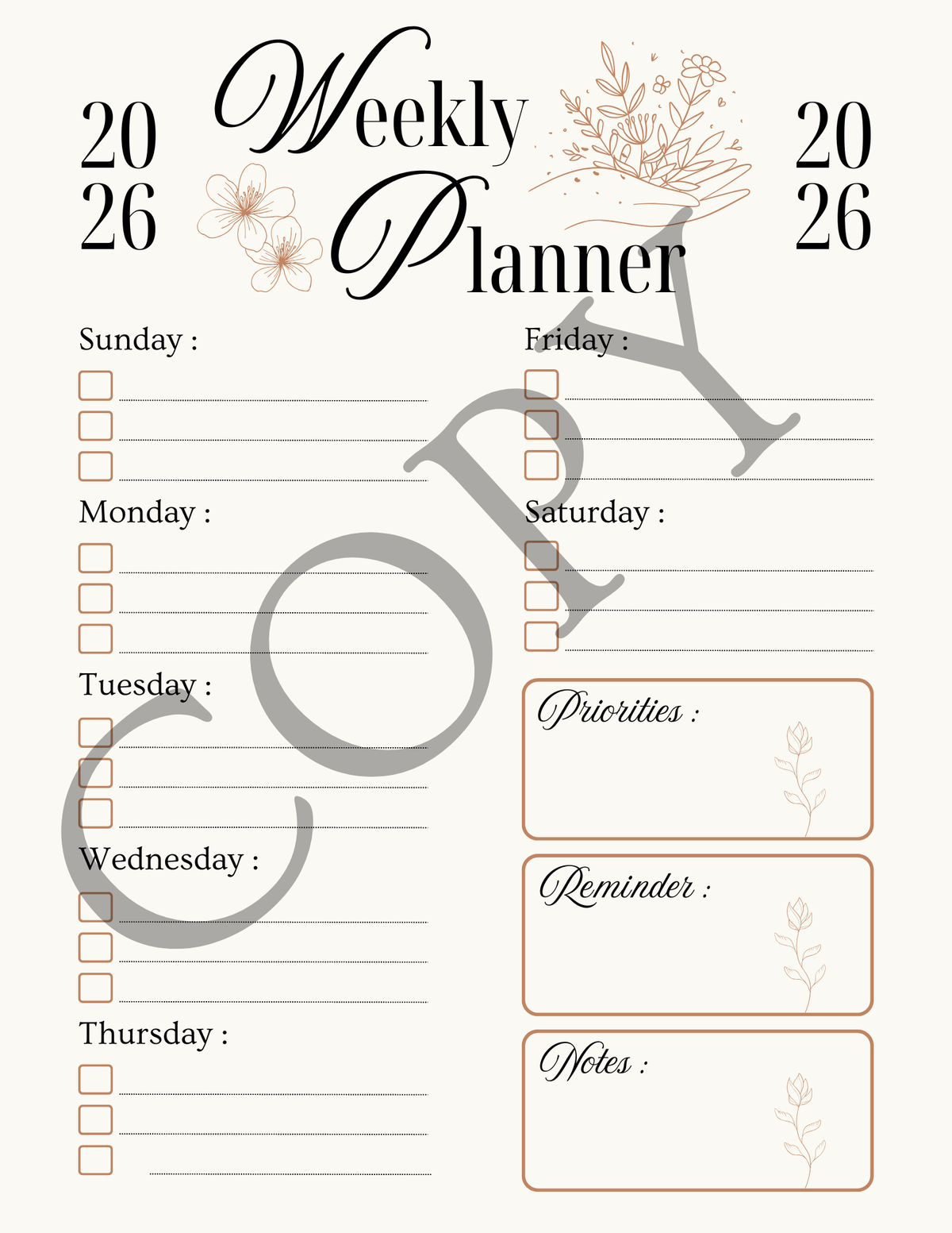 A weekly planner page with columns for Sunday through Thursday and boxes for priorities, reminder, and notes, decorated with delicate floral line drawings. Large diagonal watermark text overlays the page.