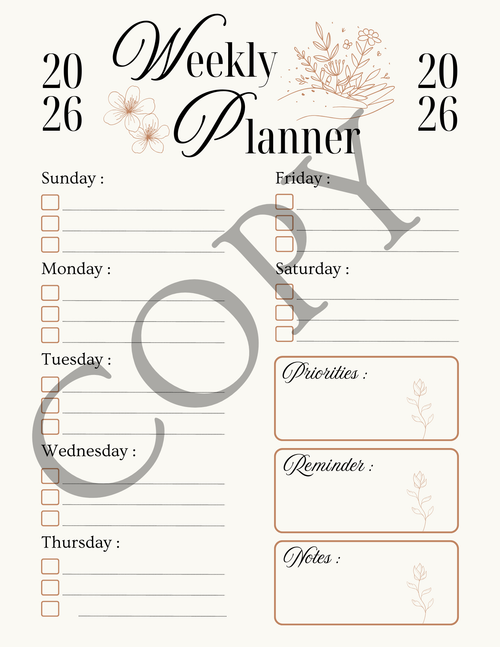 A weekly planner page with columns for Sunday through Thursday and boxes for priorities, reminder, and notes, decorated with delicate floral line drawings. Large diagonal watermark text overlays the page.