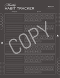 A dark gray monthly habit tracker template with white lines, circles, and text, overlaid with a large diagonal COPY watermark.