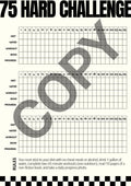 A printable challenge tracker sheet titled '75 HARD CHALLENGE' with three grid tables for tracking diet, water, workout, book, and progress, plus a large diagonal 'copy' watermark and small rules text at the bottom.