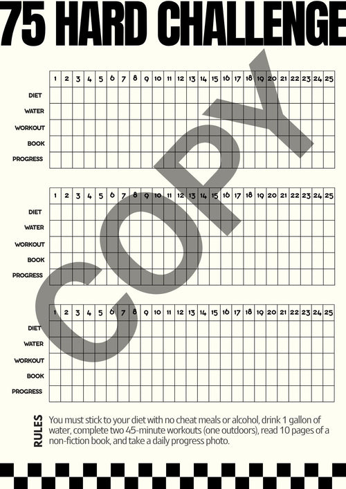 A printable challenge tracker sheet titled '75 HARD CHALLENGE' with three grid tables for tracking diet, water, workout, book, and progress, plus a large diagonal 'copy' watermark and small rules text at the bottom.