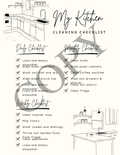 A kitchen cleaning checklist poster with black line drawings of a kitchen, handwritten-style headings for daily, monthly, and weekly tasks, and a large diagonal watermark across the center.