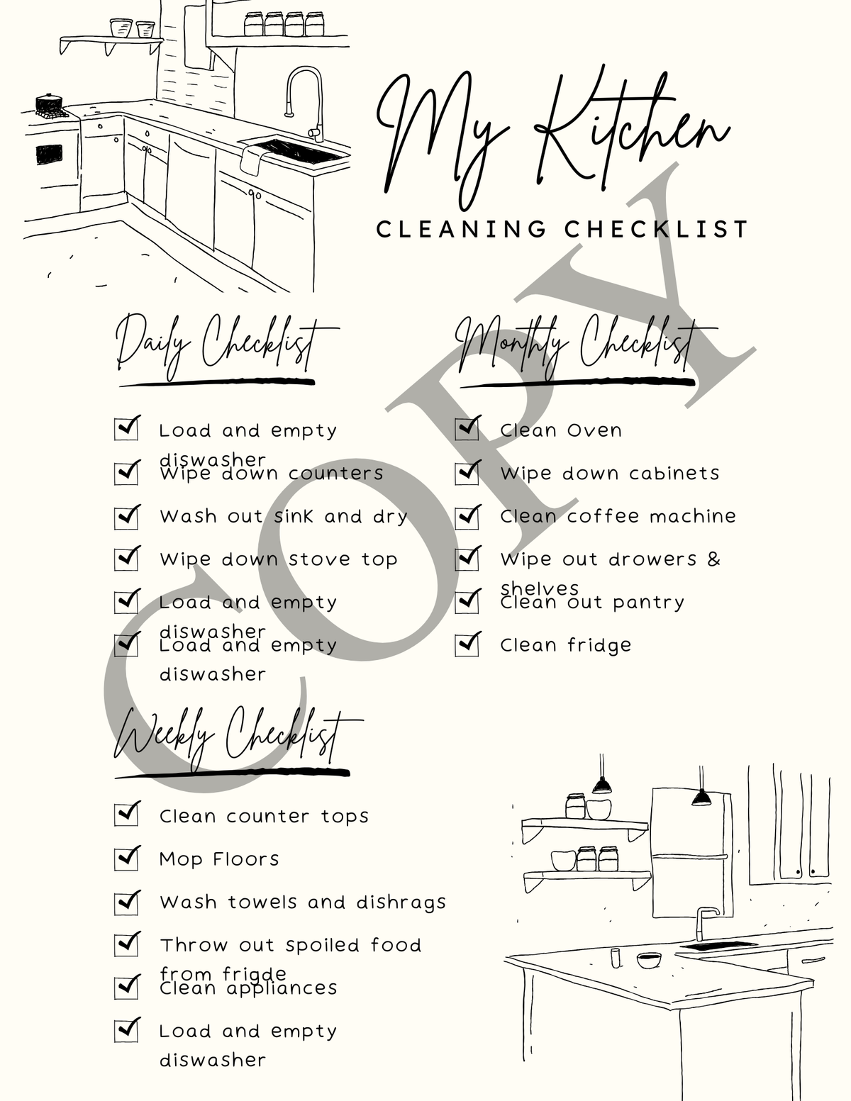 A kitchen cleaning checklist poster with black line drawings of a kitchen, handwritten-style headings for daily, monthly, and weekly tasks, and a large diagonal watermark across the center.