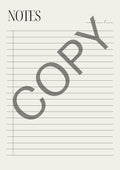 A lined notebook page design with the word NOTES at the top left and a large diagonal COPY watermark across the page on a light warm gray background.