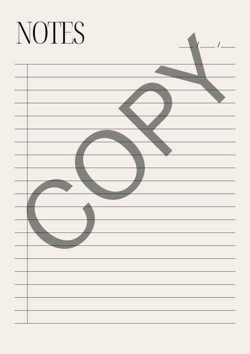 A lined notebook page design with the word NOTES at the top left and a large diagonal COPY watermark across the page on a light warm gray background.