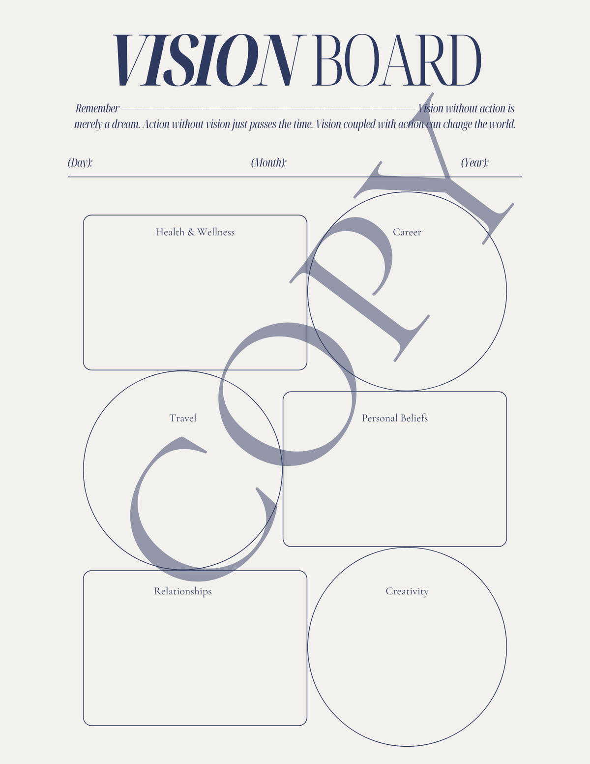 A minimalist 'Vision Board' planner template on a light beige background, featuring labeled boxes for Health & Wellness, Career, Travel, Personal Benefits, Relationships, and Creativity, with a large diagonal 'COPY' watermark overlay.