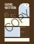 A digital goal setter planner page template with a dark brown background, cream-colored sections, and a large diagonal 'COPY' watermark overlay.
