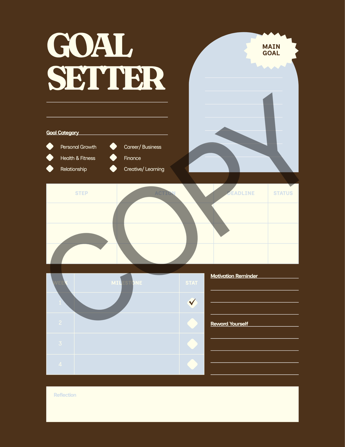 A digital goal setter planner page template with a dark brown background, cream-colored sections, and a large diagonal 'COPY' watermark overlay.