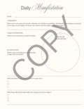 A Daily Manifestation worksheet page with lined writing areas, prompts for date, intention, and action steps, and a large diagonal COPY watermark across the page.