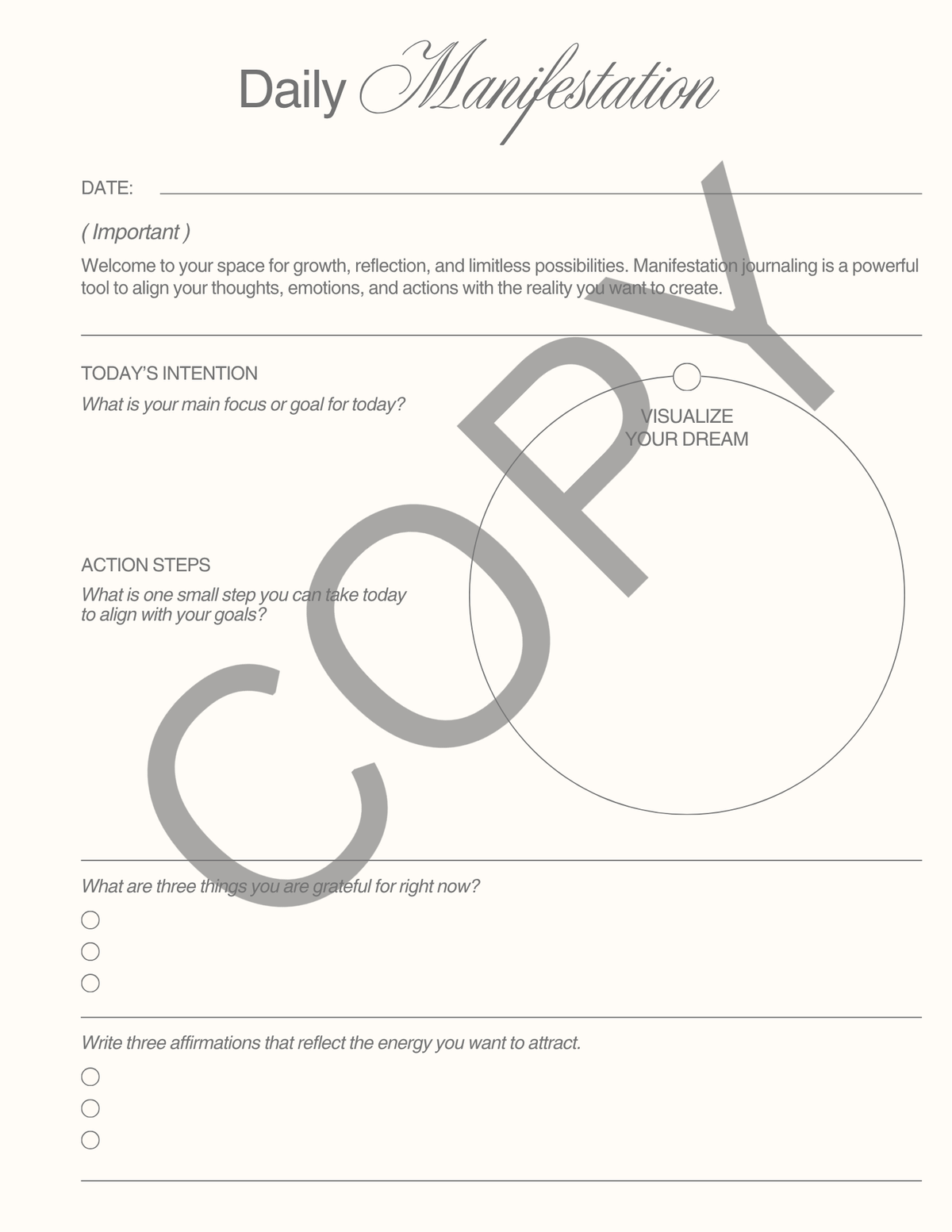 A Daily Manifestation worksheet page with lined writing areas, prompts for date, intention, and action steps, and a large diagonal COPY watermark across the page.