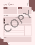 A minimalist goal planner page with labeled sections for Goal, Why, Start Date, Finish Date, Milestones, Action Plan, Date, and Notes, shown on a pale blush background with abstract mauve and dark brown shapes. A large translucent COPY watermark overlays the planner.