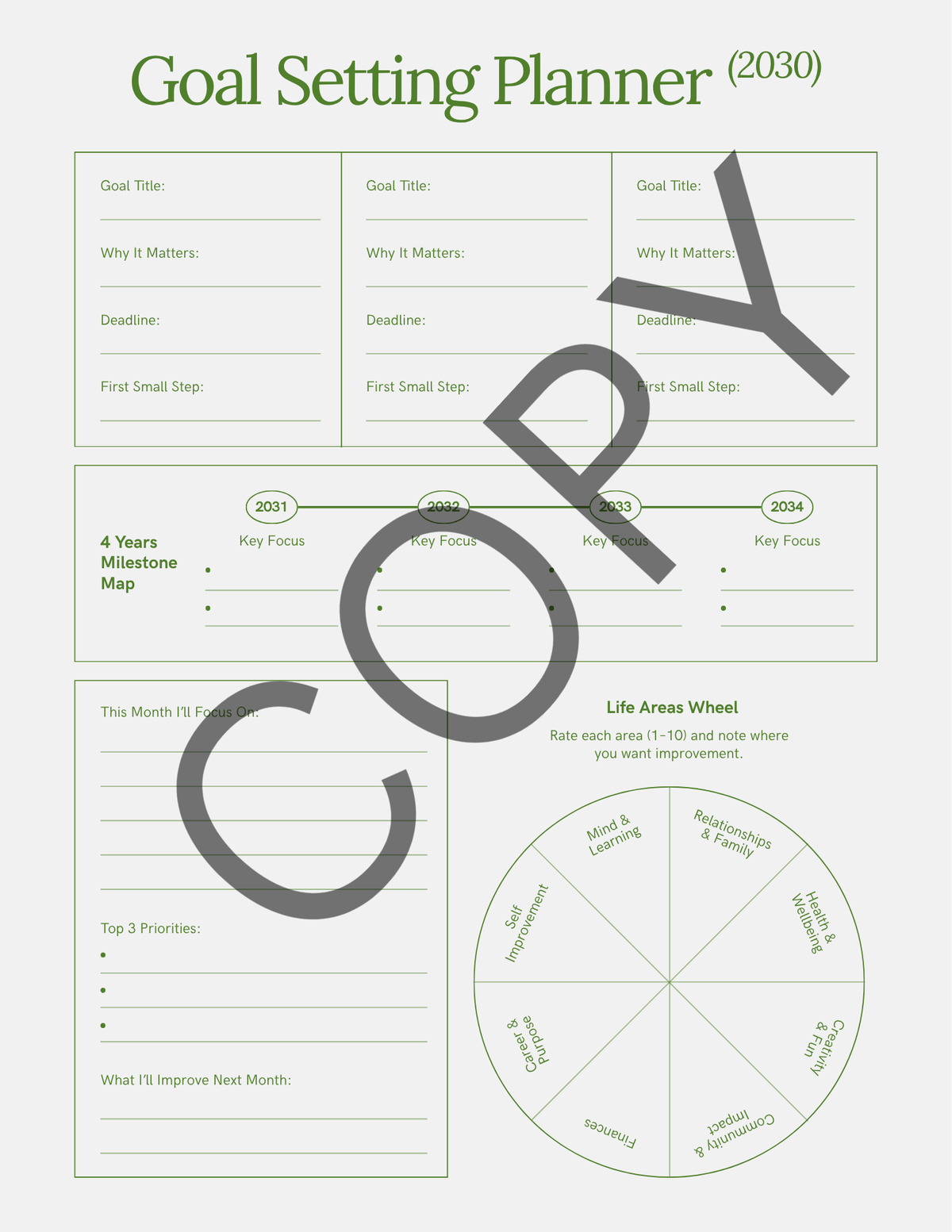 Green Minimalist Goal Setting Planner