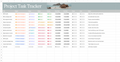 A spreadsheet-style Project Task Tracker template with a gray header, a small beach photo in the top center, and a table of columns for tasks, status, dates, notes, and priority indicators.