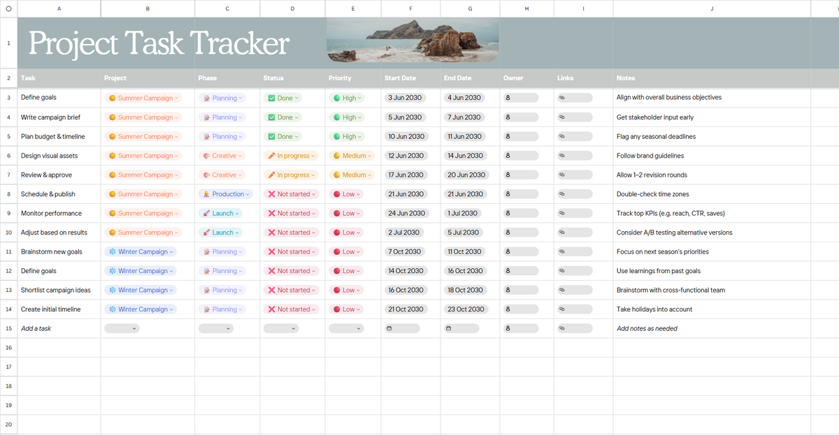 A spreadsheet-style Project Task Tracker template with a gray header, a small beach photo in the top center, and a table of columns for tasks, status, dates, notes, and priority indicators.