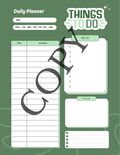 A green daily planner template with sections for date, weekday checkboxes, a large lined activity grid, a 'My list' notebook page, a 'To do list' box, and a 'THINGS TO DO' header. A large diagonal 'COPY' watermark overlays the planner.