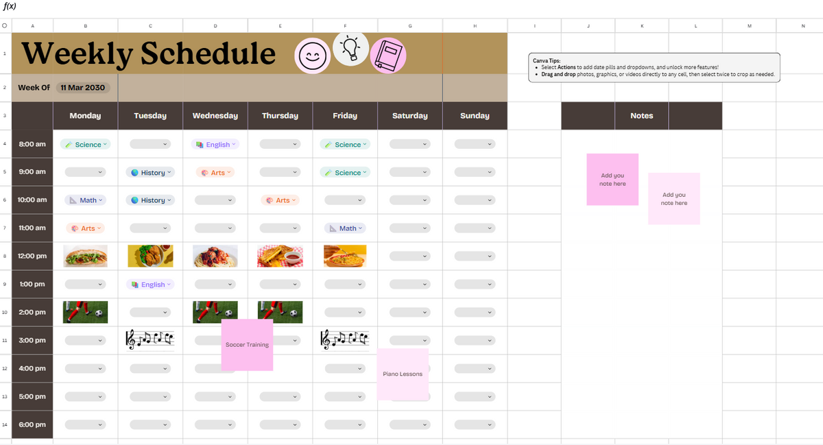 A weekly schedule spreadsheet template with columns for Monday through Sunday, time slots, subjects, meals, and notes, shown on a white grid background.