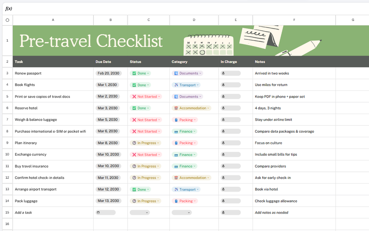 Travel Planner Sheet in Dark Green Tones