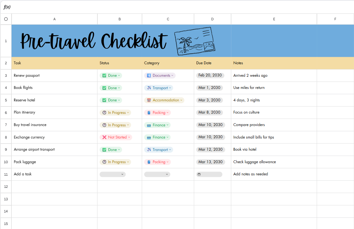 A digital Google Sheets template preview titled 'Pre-travel Checklist' with columns for Task, Status, Category, Due Date, and Notes, shown on a spreadsheet interface.