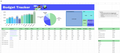 A digital budget tracker spreadsheet template with colorful charts, a pie chart, a bar graph, and a detailed table layout on a white grid background.